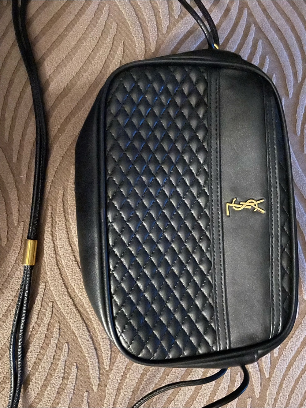 The Unbranded Brand Black Quilted Leather Belt Bag with Gold Logo